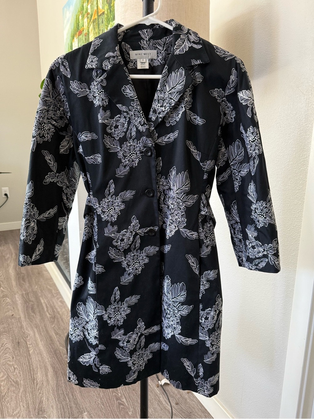 Nine West Black Floral-Embroidered Blazer Jacket